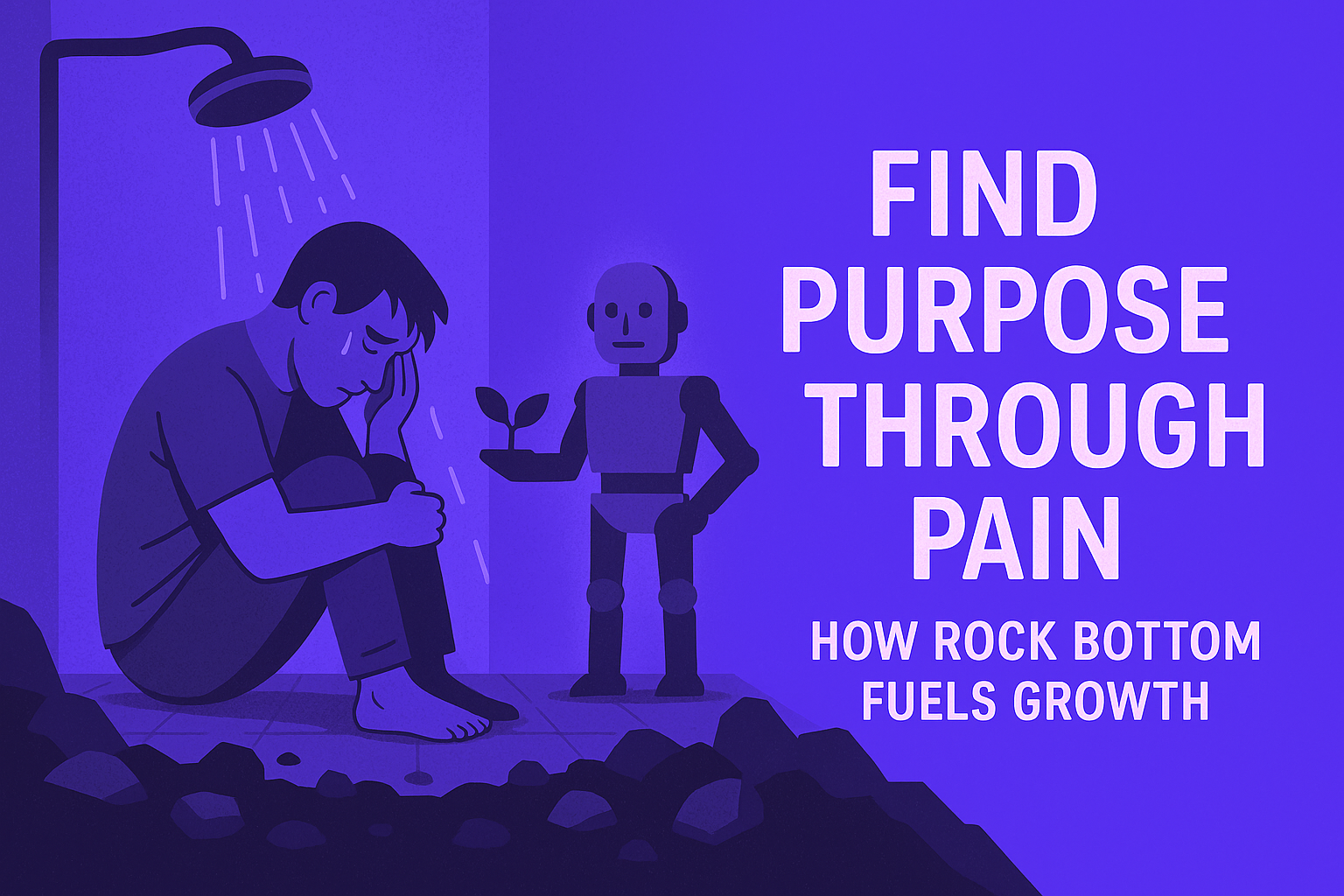 A father crying in the shower while a robot child comfrots him with the idea of growth